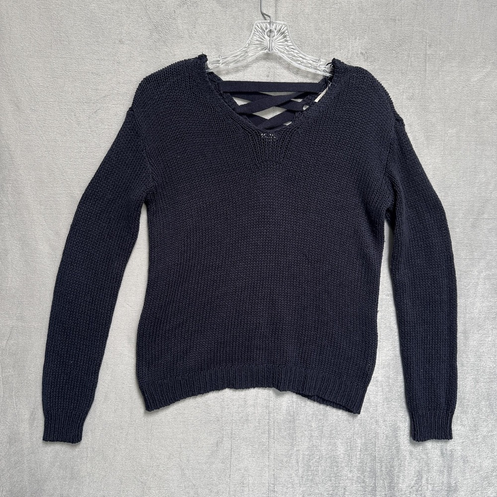 Harper Heritage Sweater Womens Medium Blue V Neck Lace Up Back Pullover Knit